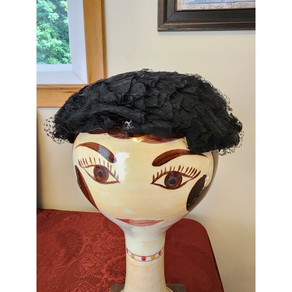 Vintage Womens Fascinator Hat Black Netting Headpiece Mourning Gothic Witchy